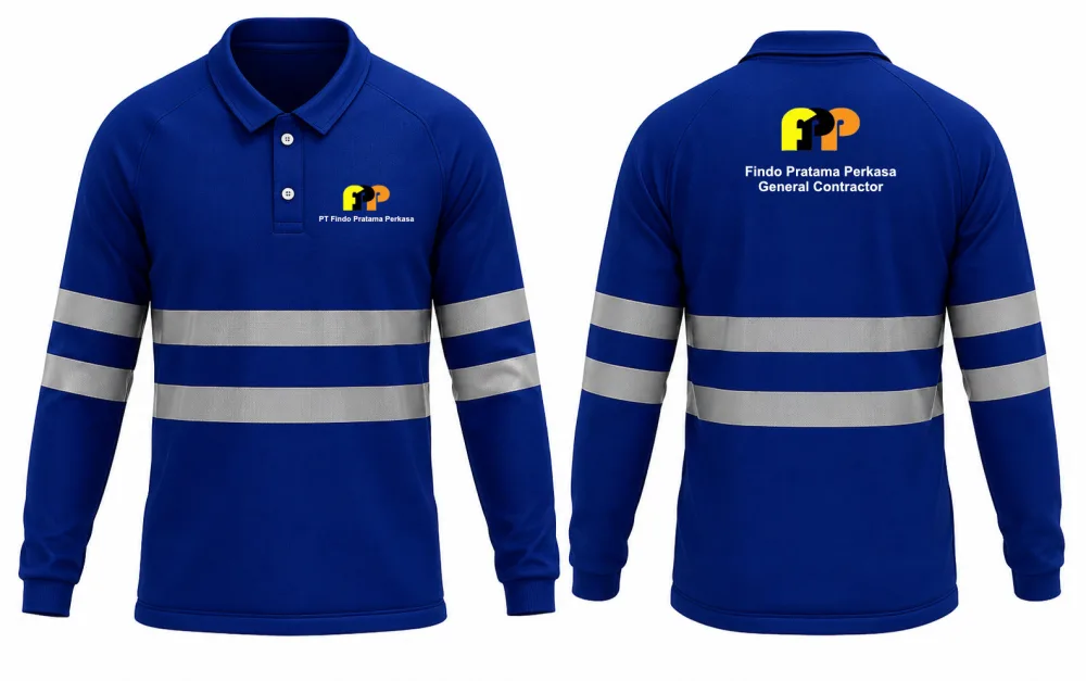 Kaos polo safety lengan panjang biru benhur scotlight reflektor bordir kontraktor